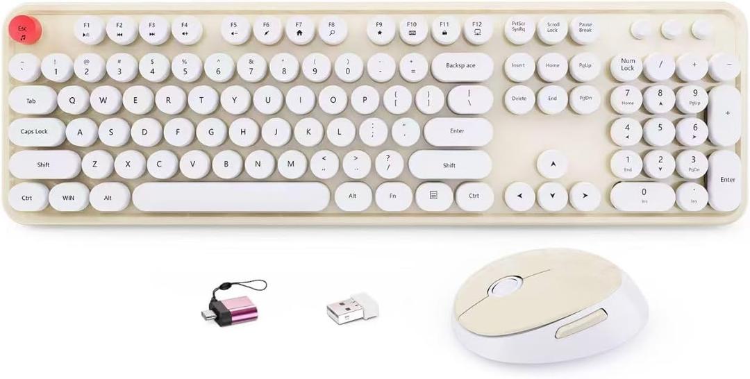 HotFox Wireless Keyboard and Mouse Combo, Full-Size Retro Typewriter Keyboard with Round Keycaps, Ergonomic Design for Windows PC, Home and Office Use - Cream (Beige)