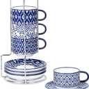 Selamica Ceramic Espresso Cups with Saucers and Metal Stand, 4 OZ Stackable Cappuccino Cups, Demitasse Cups for Latte Coffee Caf Mocha Tea, Set of 4, Vintage Blue