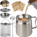 2L Oil Filter Pot Bacon Grease Saver with Strainer, 68oz Steel Pour Fryer Large Capacity Bacon Grease Container with Cooking Thermometer & 50 Wax Papers Stainless Steel for Kitchen Camping