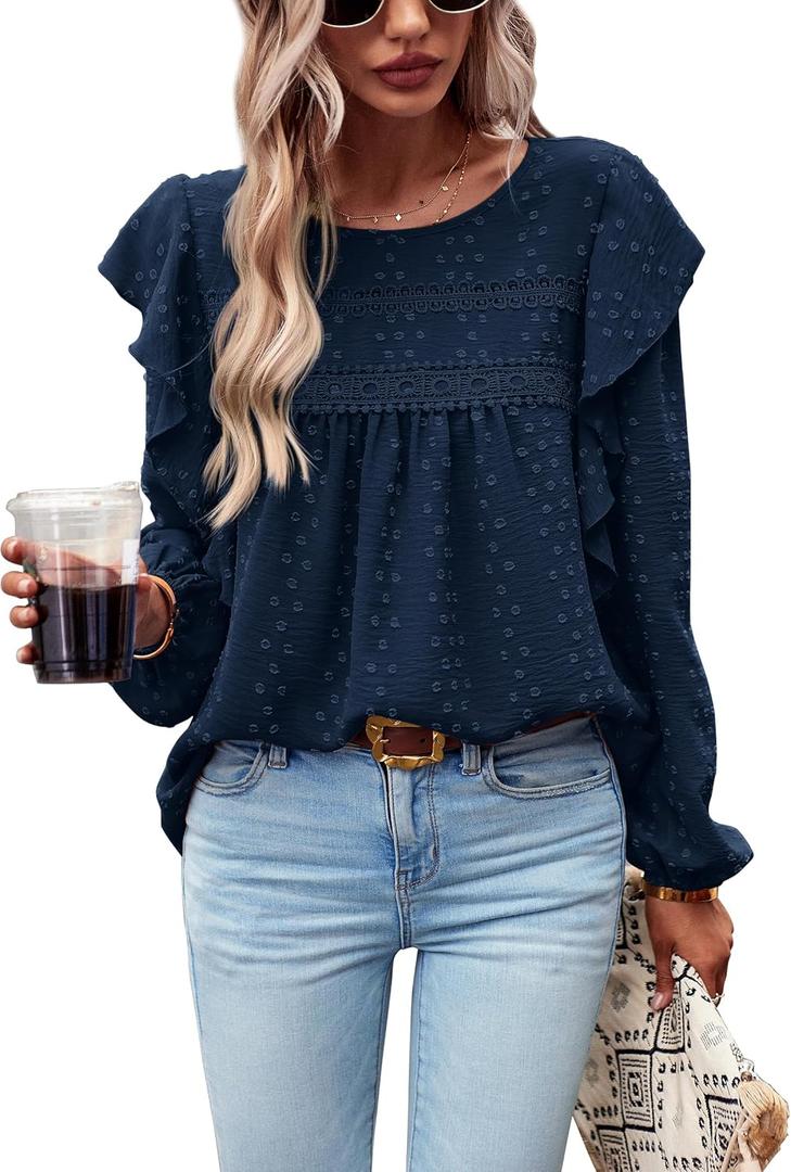 PRETTYGARDEN Women's Long Sleeve Blouses Ruffle Swiss Dot Crochet Loose Fit 2025 Spring Fall Tunic Dressy Casual Tops (X-Large, Navy)