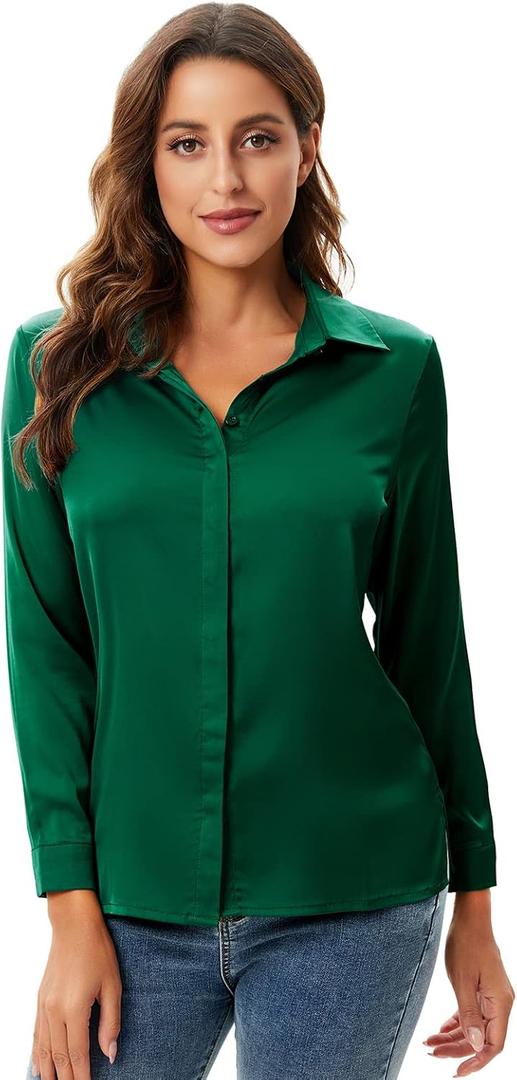 Escalier Women's Silk Blouse Long Sleeve Satin Button Down Shirt Casual Work Office Silky Blouse Top (Green, M)
