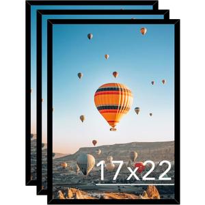 17x22 Picture Frame Set of 3 Black for Poster Photo Picture, Horizontal and Vertical Formats for Wall Hanging, 17 x 22 Wall Gallery Poster Photo Frame for 17 by 22 Photos Posters, 3 Pack, Black