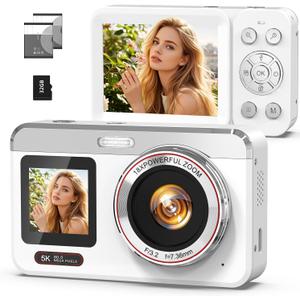 5K Digital Camera with Auto Focus, 80MP Point and Shoot Camera for YouTube, Dual Screen Vlogging Camera for Travel, 18X Zoom Compact Camera for Beginners & Teens with 32GB Card, White