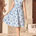 RoseSeek Girl's Floral Print Bowknot Backless A Line Dresses Ruffle Cap Sleeve Cute Knee Length Dress (Blue and White, 11Y)