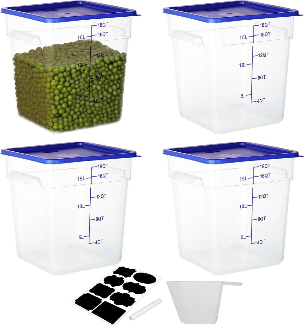 BIEAMA 4 Pack Food Storage Containers, 18 Quart Square Commercial Food Containers with Lids, NSF, Polycarbonate, Clear