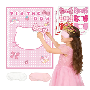 Pin The Bow on The Cat Birthday Party Game, Pink White Theme Party Supplies with 24 Stickers & Large Poster, Girls Birthday Party Favors Decorations Gifts for Teenagers