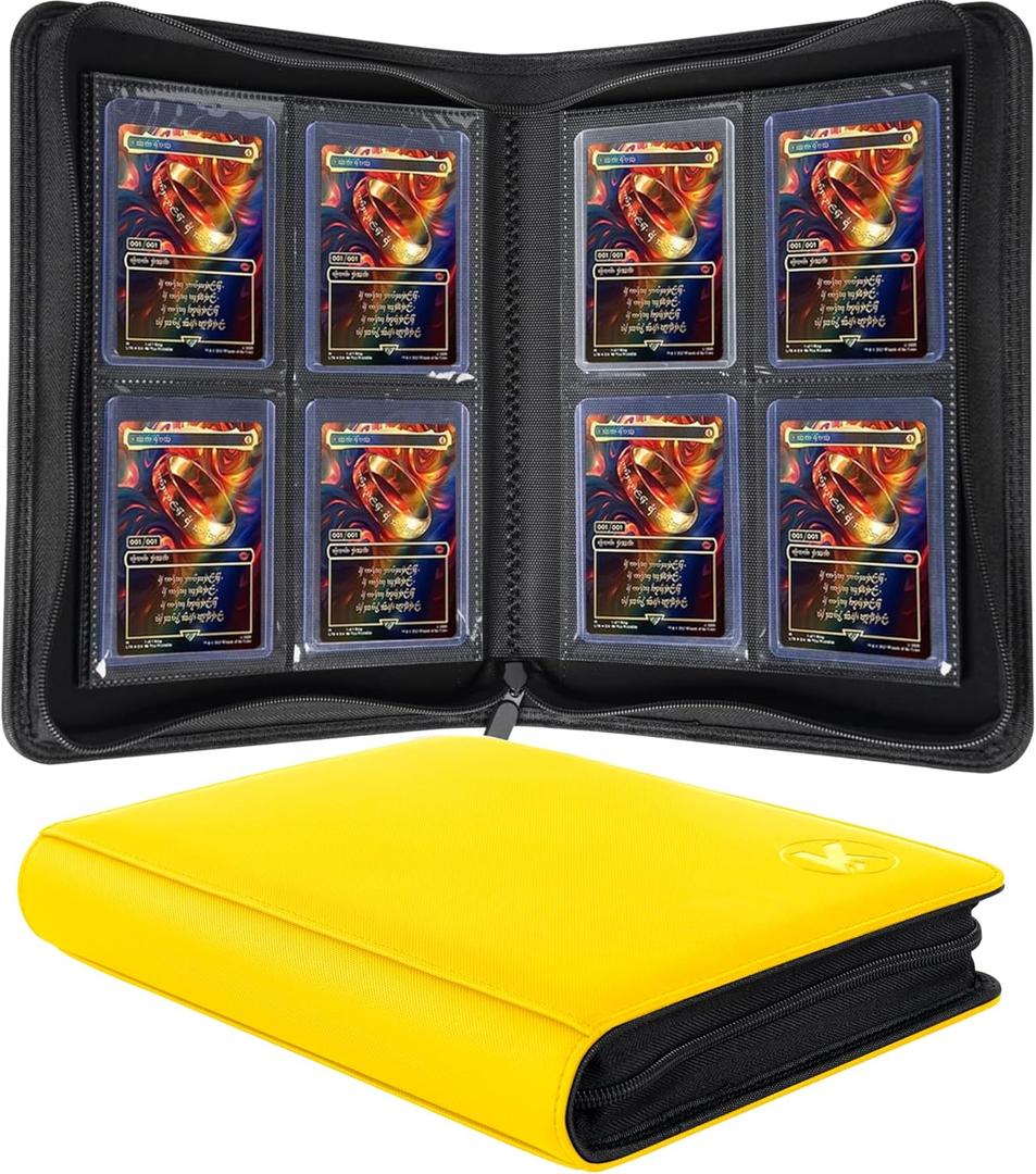Top loader Binder, Holds 128+ Toploaders, 4 Pocket Top Loader Card Storage Case, Double-Sided Pockets for trading card in 3 x 4'' Toploaders (Yellow)