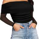 SAUNGKUAI Women's Off The Shoulder Long Sleeve Bodysuit Sexy Slimming Body Suit Tops Sheer Mesh Ruched Outfits (X-Large, Black)