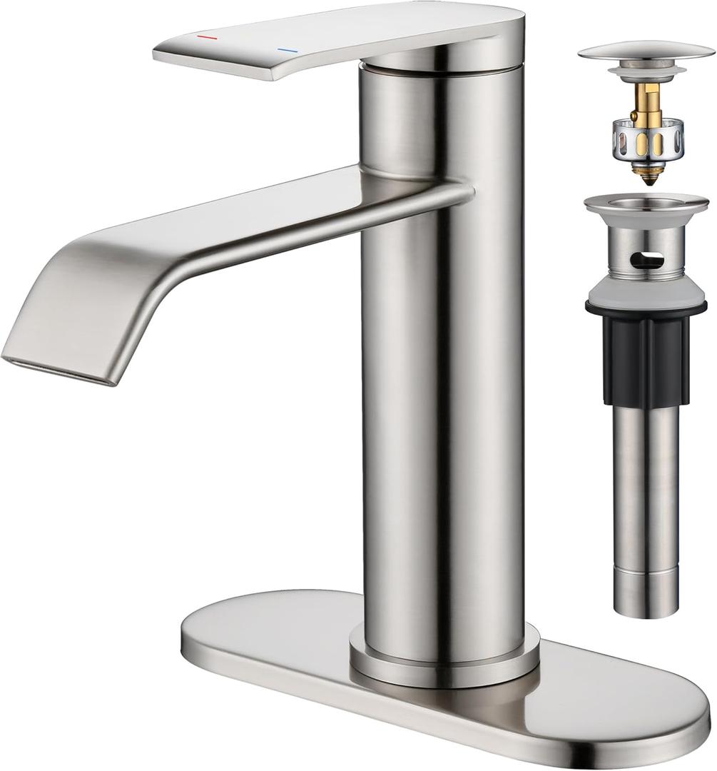 GAGALIFE Bathroom Faucet 1 Hole, Brushed Nickel Bathroom Sink Faucet with Metal Pop-up Drain Supply Lines and Deck, Modern Waterfall Bathroom Faucets Single Handle, JJL-MP-7001BN