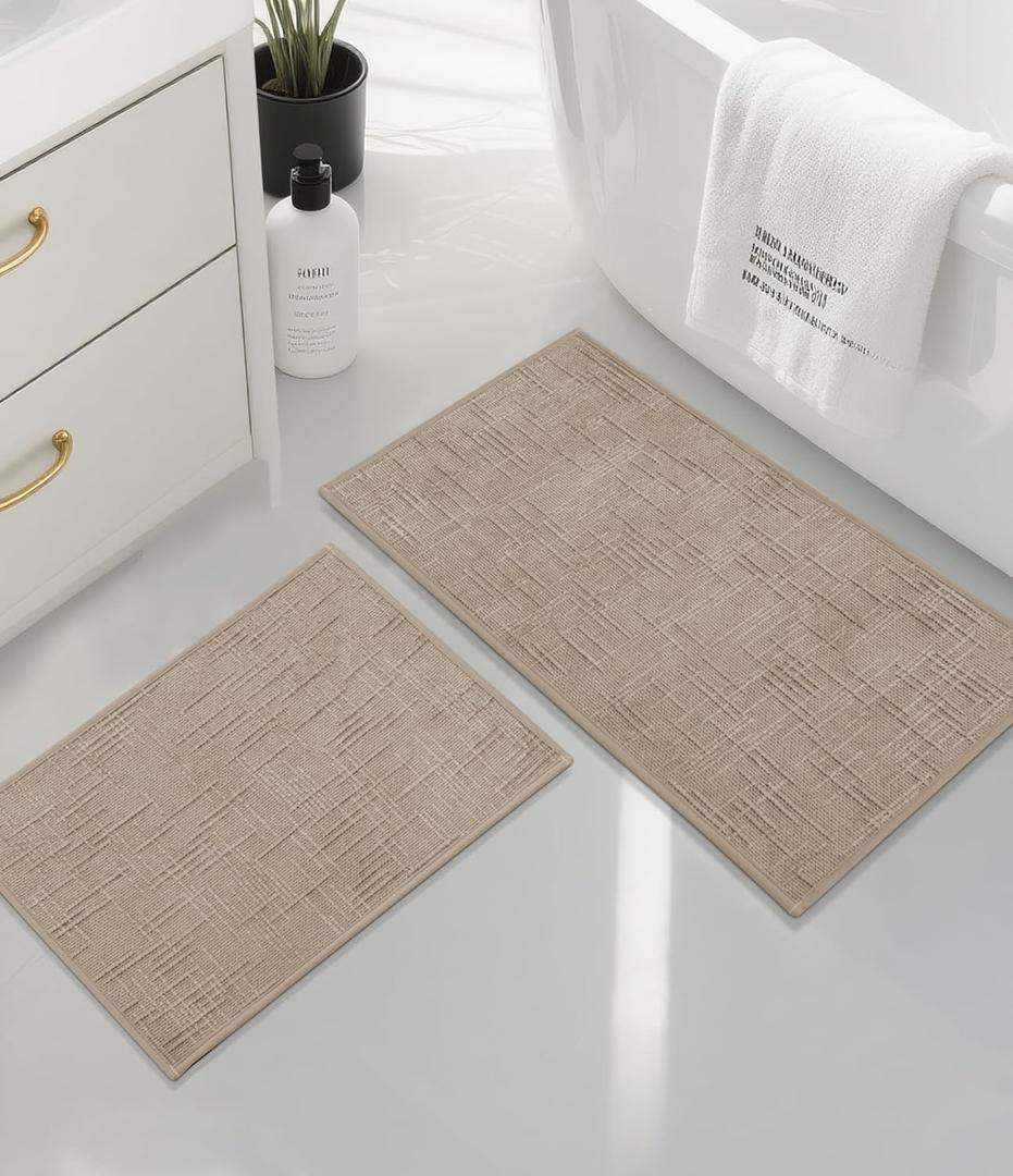 YIHOUSE Bathroom Rugs Sets 2 Piece Beige, Non Slip Bath Mats Sets of 2 Quick Dry, Absorbent Washable Thin Bathroom Rugs Fit Under Door for Elder, Sink, Laundry(16x24+16x32in)