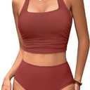 BMJL Womens High Waisted Bikini Sets Halter Two Piece Swimsuits Sporty Ribbed Tummy Control Bathing Suit, Large