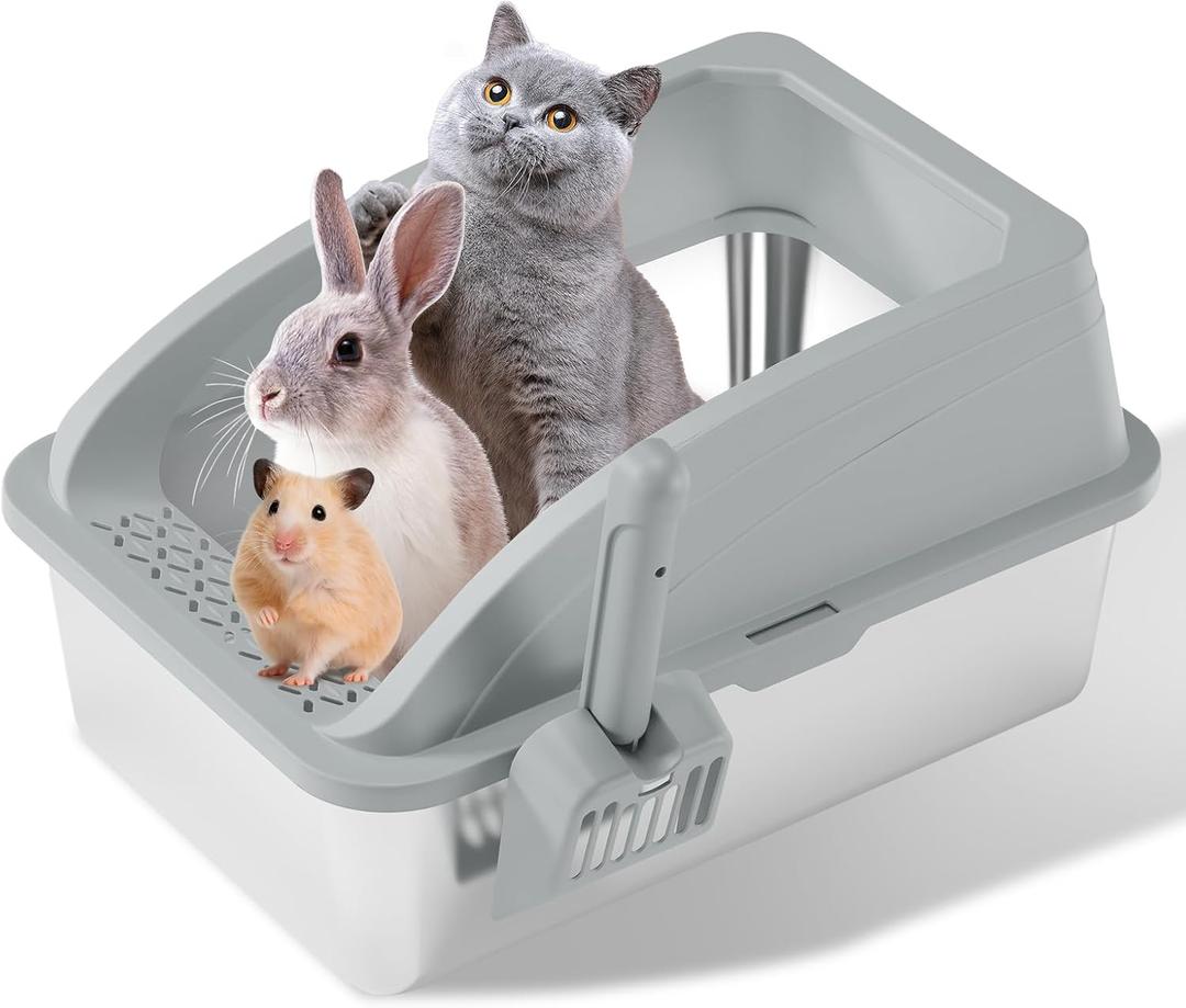 Stainless Steel Litter Box, Metal Litter Box with Scoop, High-Sided Leak-Proof Design, Non-Stick Base, Easy to Clean for Kittens, Senior & All Cats (Light Grey)