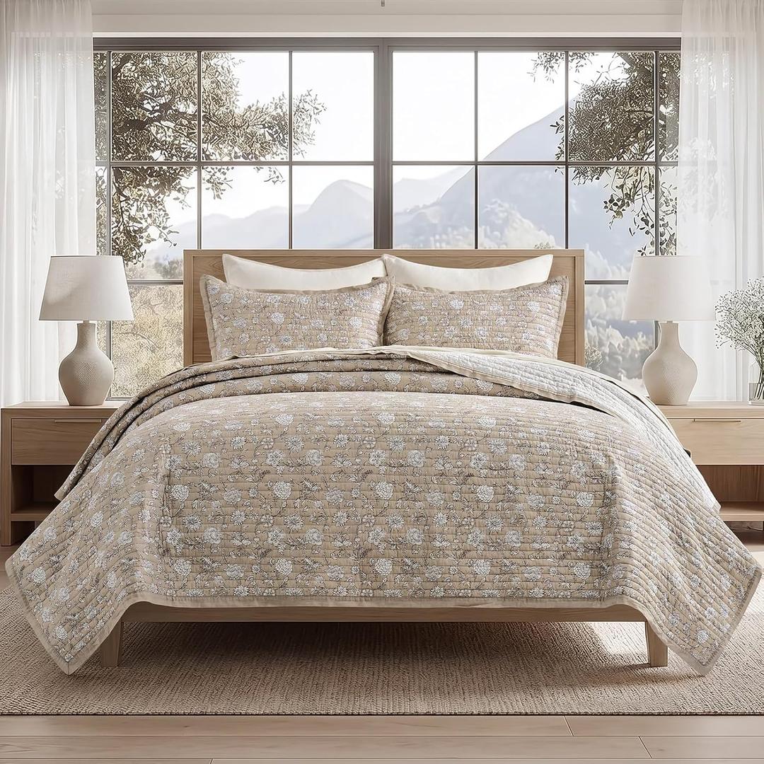 EverGrace 100% Cotton Floral Quilt Set, King Size, Sandstone Beige 108"×96"