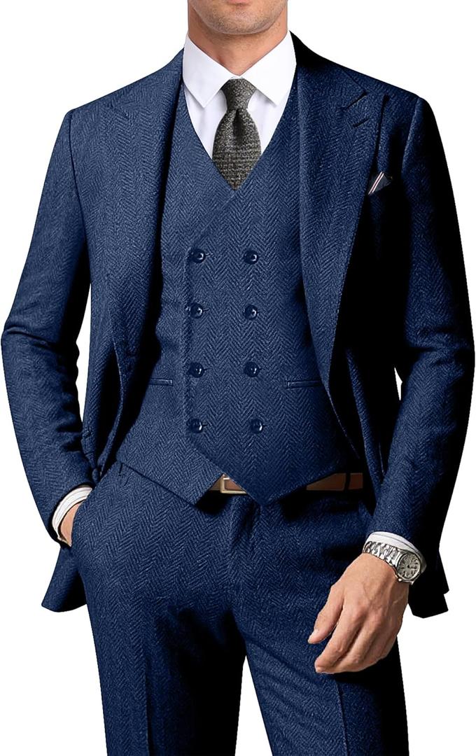 ZKHOECR Men's Suits Herringbone Tweed Suits for Men Retro 3 Piece Peak Lapel Blazer Wedding Prom Suit Jacket Vest Pants Set (XX-Large, Navy)