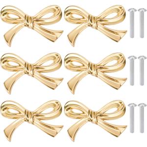 6pcs Bow Shape Cabinets Knobs, Brass Bow Furniture Door Pulls Vintage Gold Drawer Knobs Decorative Bow Dresser Handle Gold Bow Hardware for Dresser Home Kitchen Cupboard Drawer Wardrobe Pulls