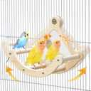 Bird Perch Toy with Mirror for Cage, Interactive Rocking Parakeet Toys and Perches, Wood Exercise Wheel Cockatiel Toys, Birds Enrichment Toy for Parrot, Bird Cage Accessories Perch for Budgies Conure
