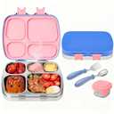 MISS BIG Stainless Steel Lunch Box for Kids 4 Compartments, Comes with Spoon, Fork and Sauce Container with Lid, Leak Proof Bento Box, BPA-Free, Drop-Resistant, for School, Office (Blue Pink)