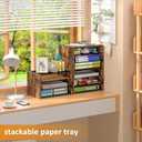 3-Tier Paper Letter Tray, Wooden Desk File Organizer, Stackable Metal Mesh Desk Organizer for Office Supplies. Small Paper Trays for Home Office School, Rustic Brown