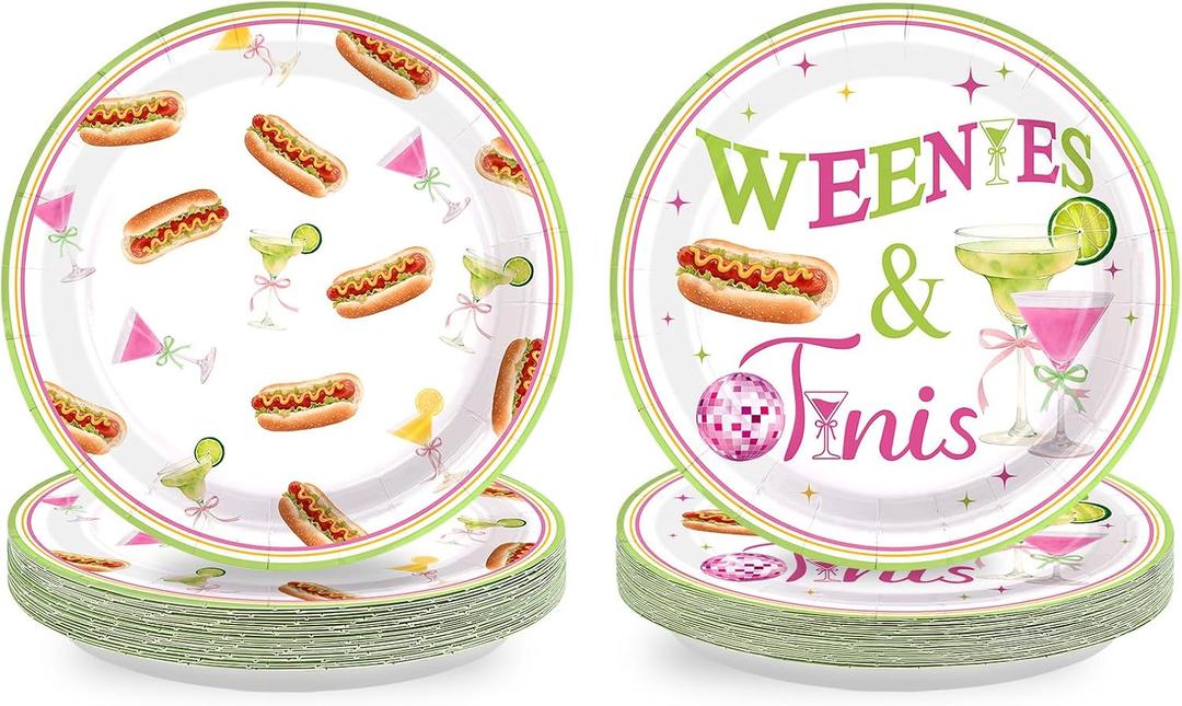 50Pcs Weenies and Tinis Party Supplies 9" Large Bachelorette Martini Theme Paper Plates Disposable Green Pink Platter for Hot Dog Bar Bachelorette Party Birthday Dinner Kitchen Party Favors