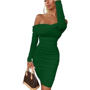 GOKATOSAU Women's Sexy Elegant Ruffle Long Sleeve Off Shoulder Ruched Party Mini Dress (Green, M)