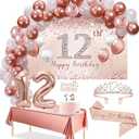 Trgowaul 12th Birthday Decorations Balloon Set Women's Arch, Rose Gold 12th Birthday Banner and Party Tablecloth, Belt and Tiara, Pink Gold 12th Balloon, Pink Birthday Cake Top, Latex Balloon * 60