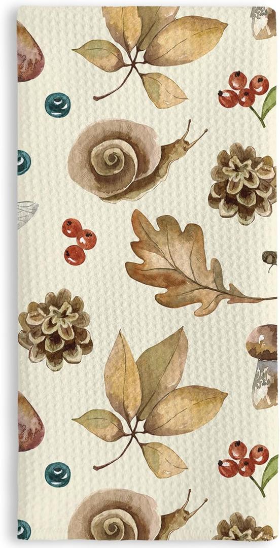 TNUW Fall Mushroom Dragonfly Kitchen Towels 16x24 Inch, Vintage Cottagecore Fall Botanical Dish Tea Towels for Kitchen, Farmhouse Rustic Pine Cone Snail Decorative Hand Towel for Bathroom Decor