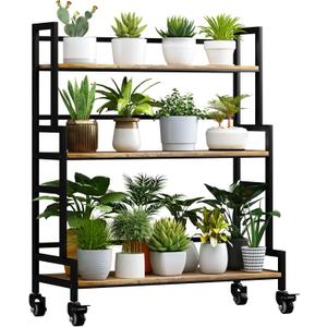YIZAJIA Plant Stand Indoor 3 Tier Metal Board Outdoor Tiered Stands Shelf With wheel for Multiple Plants Potted Ladder Plant Holder Table Plant Pot Stand for Window Garden Balcony Living Room (3 Tier-Black+Metal)