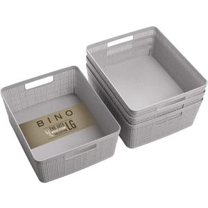 BINO | Woven Plastic Basket | Small (Natural Grey), 4-Pack | THE JUTE COLLECTION | Home Organization, Space - Saving Storage, Stylish Design | Jute Basket | Plastic Storage Basket