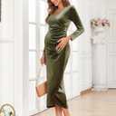 AISWI Velvet Maternity Cocktail Dress Long Sleeves Fall Winter Baby Shower Wedding Guest Holiday Pregnancy V Neck (XL)