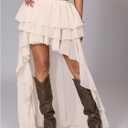 OYOANGLE Women's Boho Layered Ruffle Chiffon Maxi Skirt Y2K Elastic Cowgirl Western Asymmetrical Skirts (Beige, S)