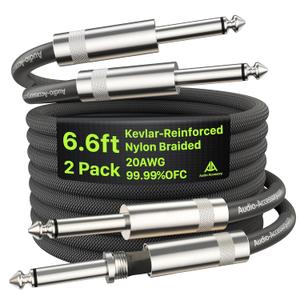 Guitar Cable 6.6ft 2 Pack, Nylon Braided Anti-Kinking Kevlar-Reinforced, Neutrik REAN Connector, 20 Gauge 99.99% OFC 1/4 Instrument Cable, AL & OFC Dual Shielded Amp Cord for Fender Electric Guitar (Black)
