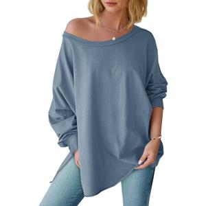 Tankaneo Womens Oversized Off The Shoulder Tops Long Sleeve Trendy Casual T-Shirts Side Slit Loose Fit Tunic Shirts, X-Large