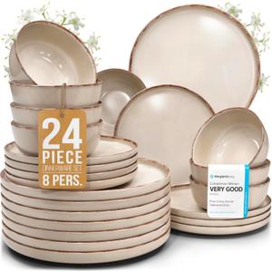 Stoneware dinnerware set 8 persons Rustic 24 pcs - Rustic design dinnerware set, dishwasher safe - Bowl and plate set - Pure Living dinnerware in beige