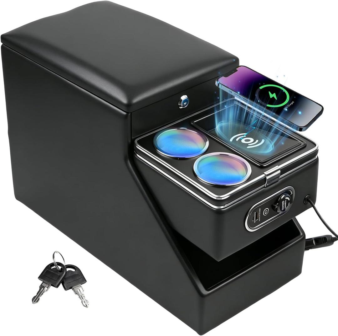 Center Console Organizer for Minivans, SUVs & Middle Van Seats - Floor-Mounted Lockable Storage Box with Dual Cup Holders, 7-Color Ambient Light & Wireless Charging, Ideal for Vehicle Interior