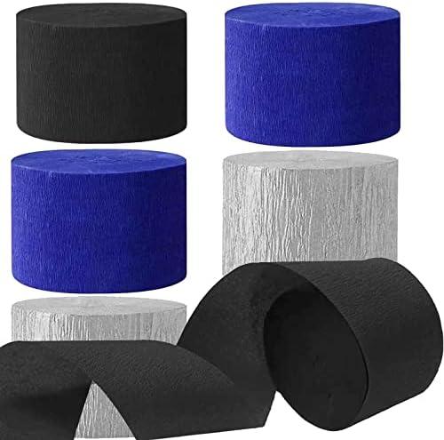 We Moment Black and Blue Silvery Crepe Paper Streamers Party Streamer 1.8 Inch Widening 3 Rolls,Black Blue Party Decorations Streamer 82 feet per roll for Birthday Party Decorations