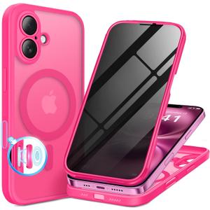 BERFY Magnetic for iPhone 16 Case, Compatible with MagSafe, Built-in Privacy Screen Protector and Upgraded Camera Protection, Anti-Spy Full Body Shockproof Phone Case for 16 6.1", Hot Pink