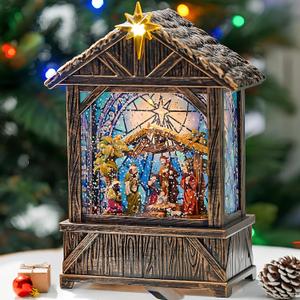 Nativity with Star Musical Lighted Water Creche with Swirling Glitter, Christmas Snow Globe Nativity Manger for Xmas with Music, Holiday Decorations Gifts for Family, Children or Friends
