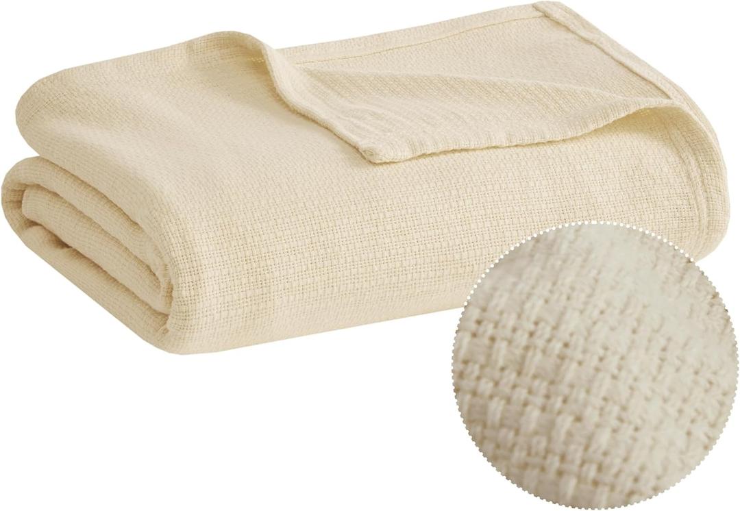 Madison Park Freshspun Basketweave Luxury Cotton Blanket Natural 90x90" Full/Queen Size Basketweave Premium Soft Cozy 100% Cotton For Bed, Couch or Sofa