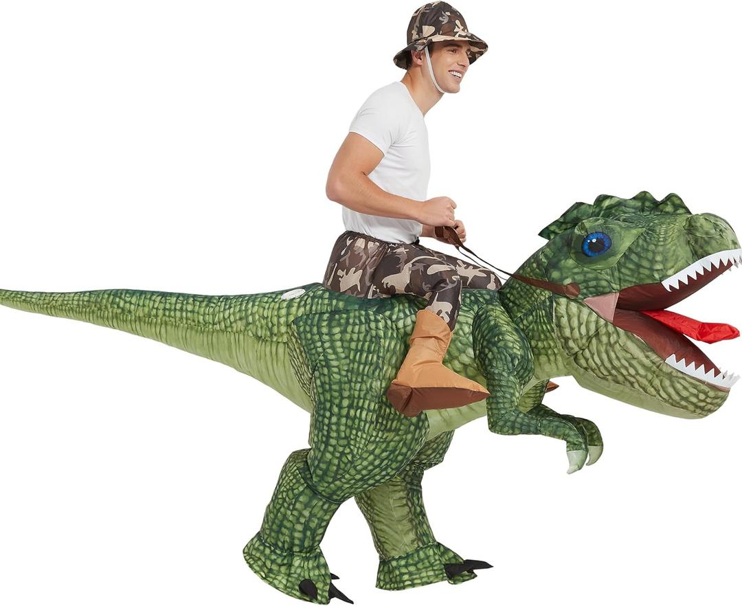 One Casa Inflatable Costume Dinosaur Riding T Rex Air Blow up Funny Party Halloween Costume for Adult Green