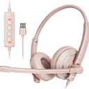 USB Headset with Microphone for PC - Lightweight & Comfortable Pink Computer Headset for Office, Call Center, Remote Work - Includes Carry Pouch (Clear Audio)