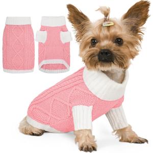 Dog Sweater for Small Dogs Argyle Cable Knit Turtleneck Pullover Winter Clothes for Boys Girls Stretch Chihuahua Yorkie Puppy Christmas Doggie Pet (S, Pink)