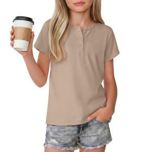Vinsatin Girl's Short Sleeve Shirts Henley Round Neck Button up Tops Loose Fit Summer Basic Tees(13-14 Years,Khaki)