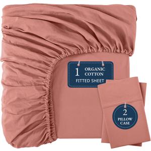 LANE LINEN 100% Organic Cotton Queen Size Fitted Sheet Only (+Pillowcases) 3-Piece Set Soft & Comfy Hotel Style Percale Weave Fully Elasticized Deep Pocket Queen Fitted 15" Deep - Rose Dawn