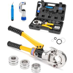 Hydraulic Copper Tube Fittings 1/2, 3/4, 1" Press Crimping Tool Kit Pex Pipe Crimper Pressing Pliers Stainless PEX Press Sleeves for Copper Pipe with Pipe Cutter