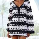 Eomenie Women Crochet Swim Cover Up Summer Bathing Suit Hollow Out Long Sleeve Dress Coverup Mesh Knit Beach Outfits Black&White (S)