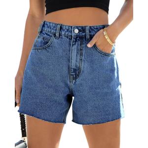 Cicy Bell Womens High Waisted Jean Shorts Summer Baggy Stretchy Straight Leg Raw Hem Mom Denim Shorts (6, Blue)