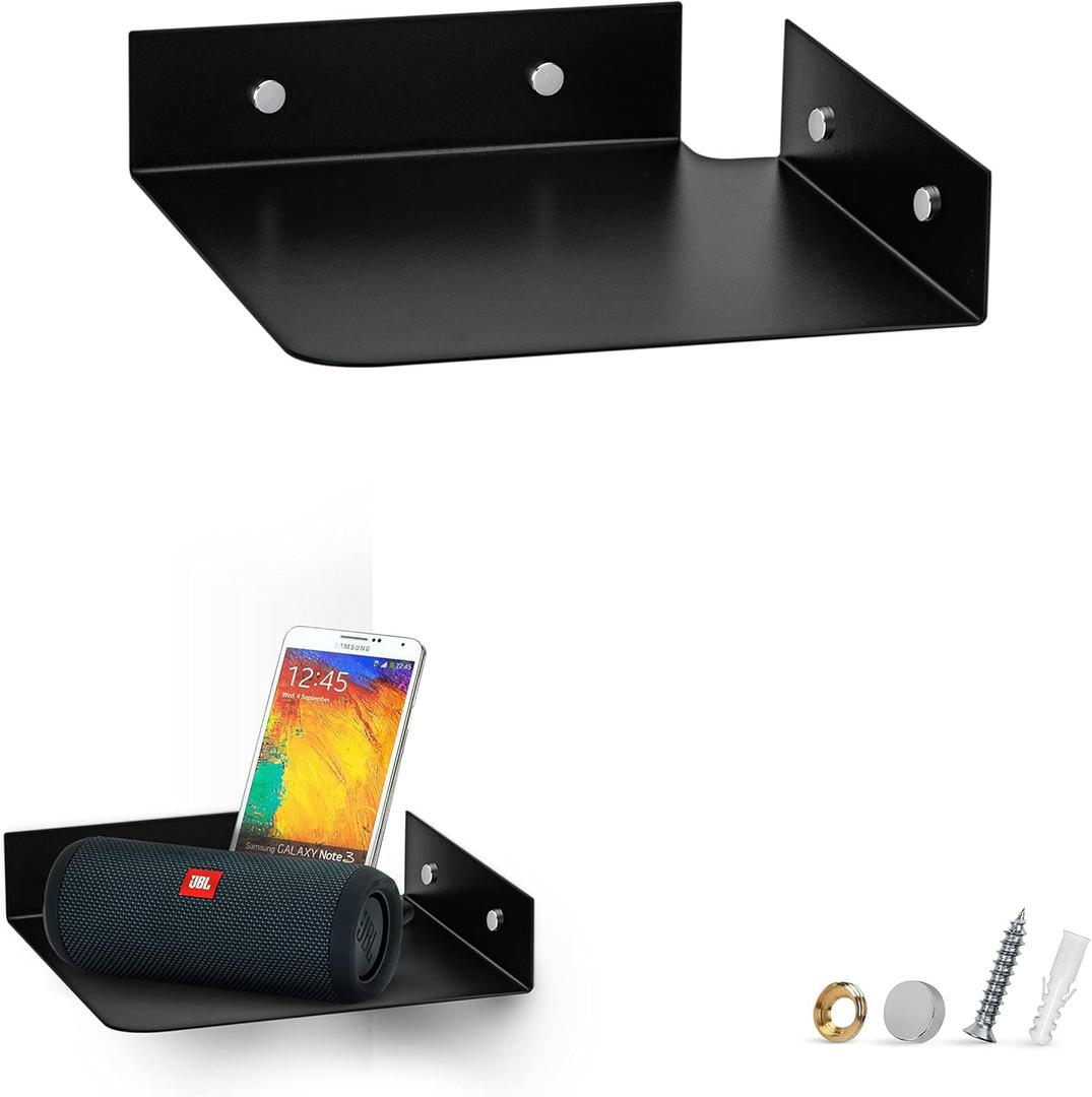 8" Metal Corner Wall Mount Shelf for Baby Monitors, Security Cameras, Sonos Speaker, Also For Wif Routers, Decor, Plants, Router, Photos, Kitchen, Bathroom, Cable Box & More, Universal (Black)