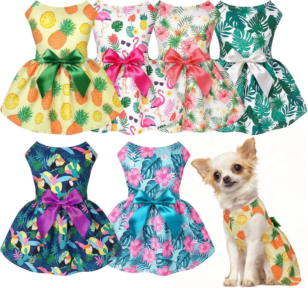 6 Pack Girl Dog Clothes Floral Summer Dog Dress Tropical Floral Princess Bowknot Pet Dresses for Small Dogs Girl Clothes Cute Outfits for Boys Girls Pets Cats Dogs