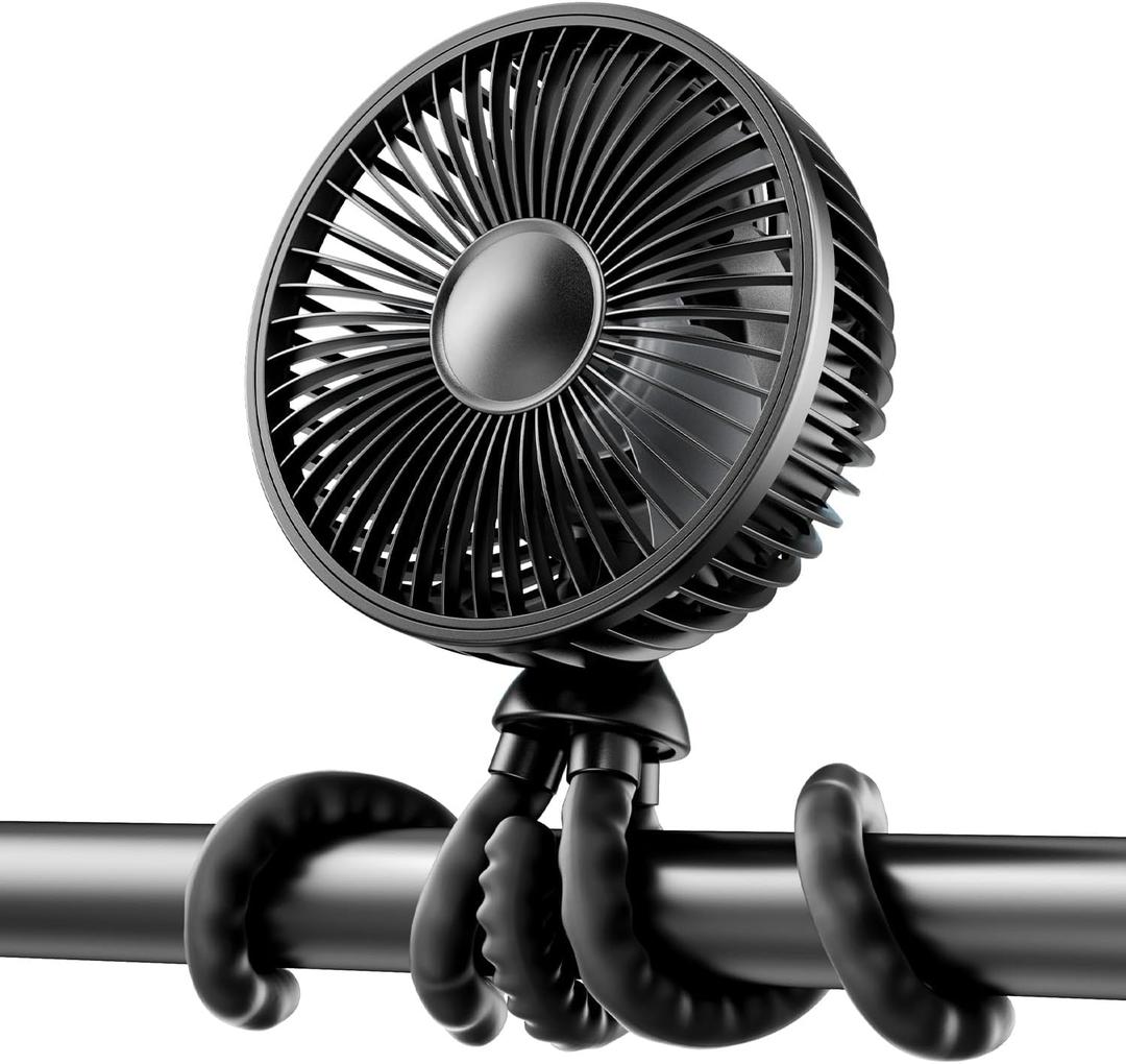 Gaiatop Baby Stroller Fan, 4000mAh Oscillating Mini Portable Fan with Light, 4 Speeds Battery Operated Small Handheld Desk Fan, 360° Rotate Flexible Tripod Clip On Fan for Car Seat Crib Travel Black