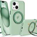 Compatible with iPhone 15 Case with 360 Rotatable Magnetic Ring Stand [Compatible with Mag-Safe] Translucent Shockproof Protective Phone Case for Women Men, Light Green